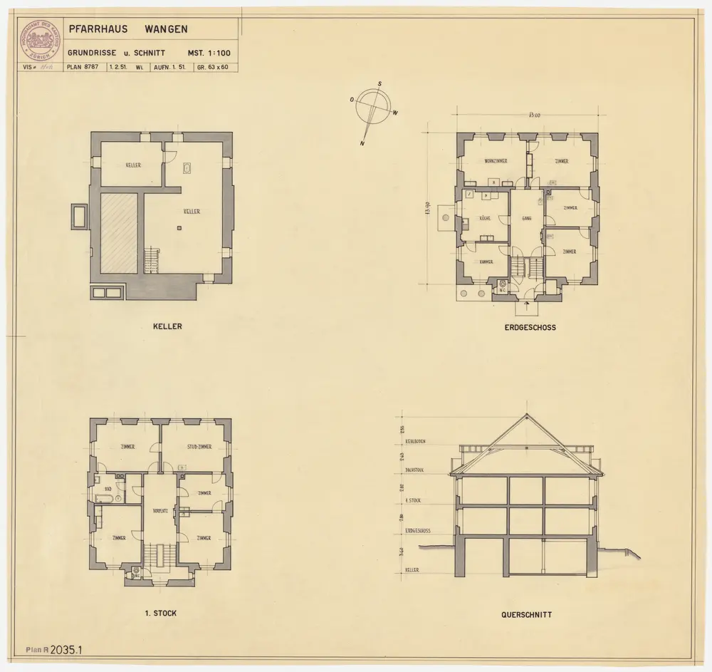 Wangen-Brüttisellen (damals Wangen): Pfarrhaus: Grundrisse des Kellers, Erdgeschosses und 1. Stock und Querschnitt