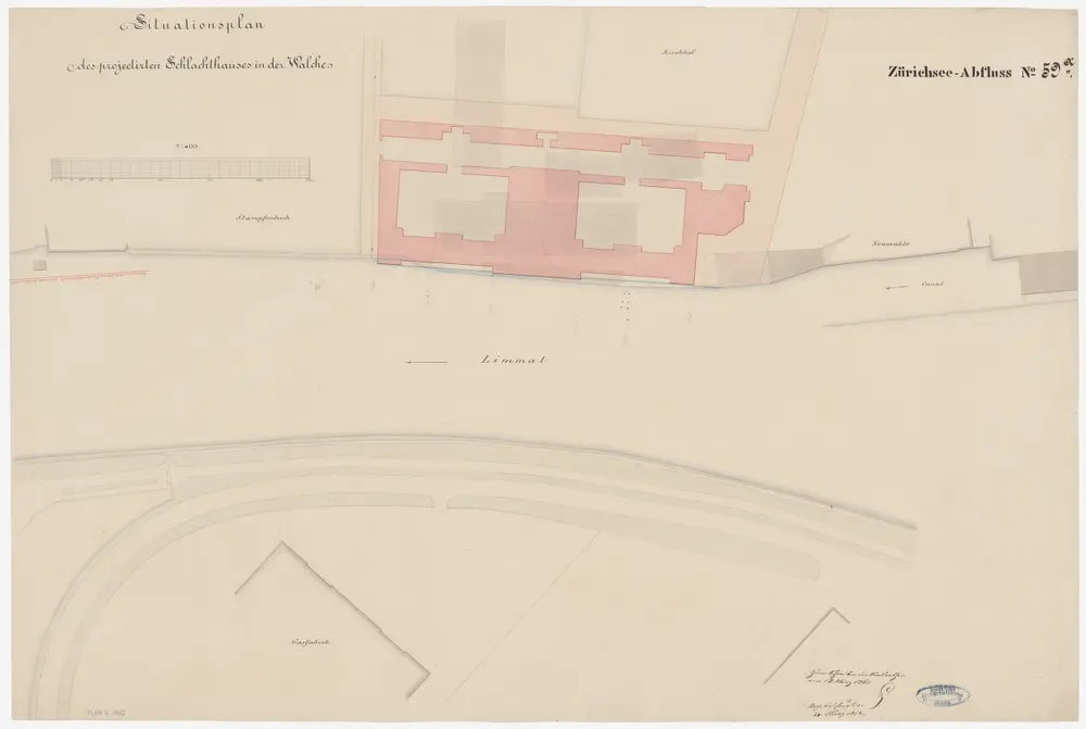 Zürich: Projektiertes Schlachthaus in der Walche; Situationsplan und Grundriss (Zürichsee-Abfluss Nr. 59 a)