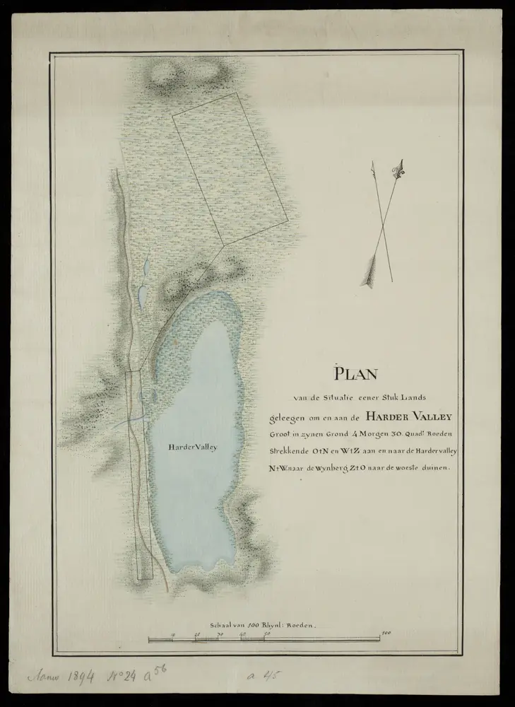 Plan van de situatie eener stuk lands, geleegen om en aan de Harder Valley.