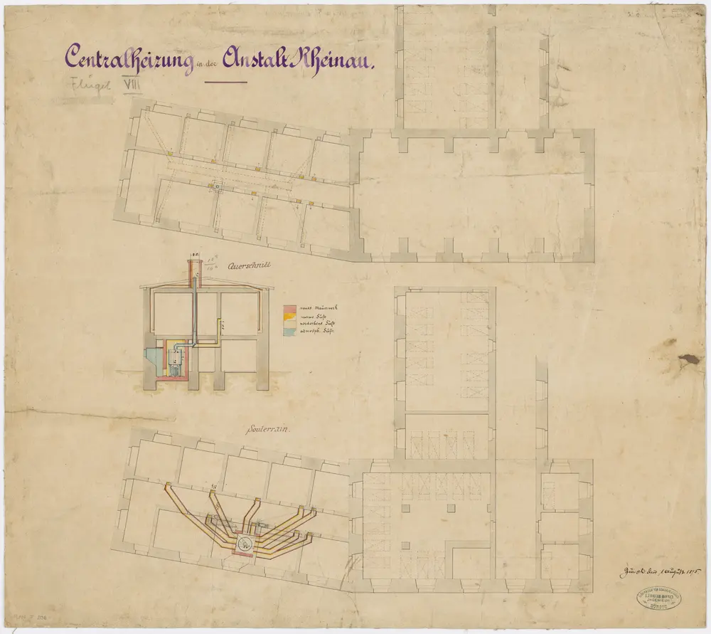 Pflegeanstalt Rheinau: Flügel VIII, Zentralheizung, Untergeschoss; Grundrisse und Querschnitt