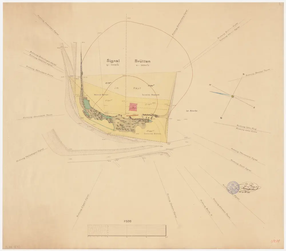 Brütten: Triangulationssignal Bäntenbüel; Situationsplan und trigonometrisches Netz