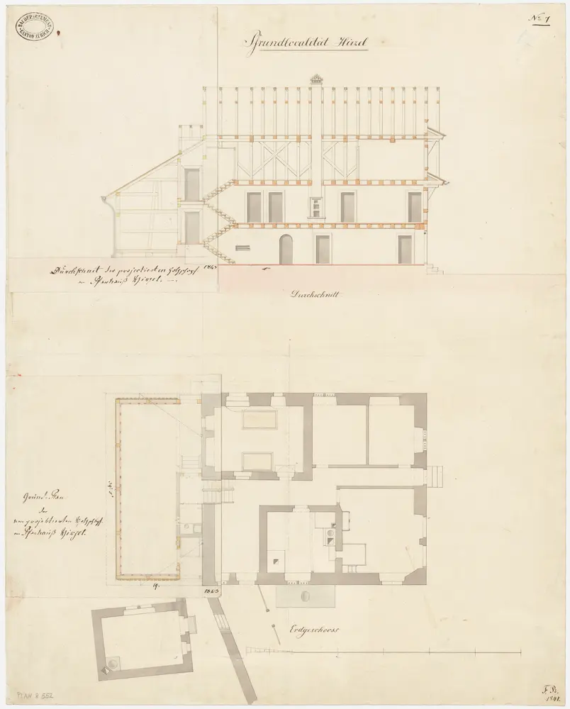 Hirzel: Pfarrhaus mit projektiertem Holzschuppenanbau; Grundriss und Querschnitt (Nr. 1)