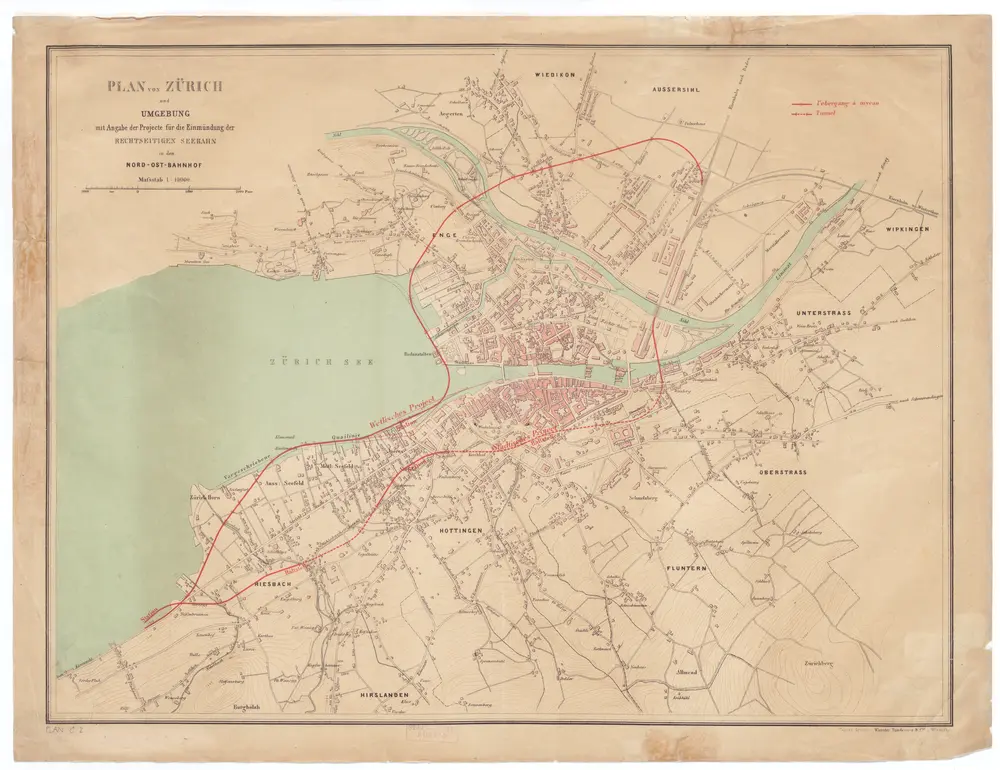 Plan von Zürich und Umgebung mit Angabe der Projekte für die Einmündung der rechtsseitigen Seebahn in den Nordostbahnhof
