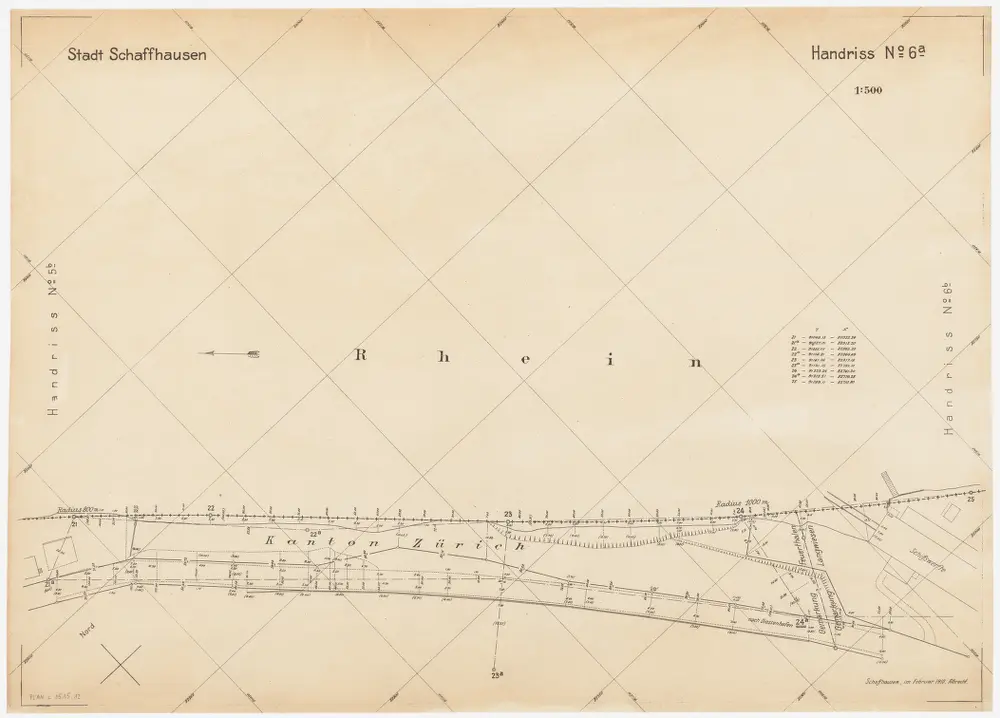 Feuerthalen bis Flurlingen: Durch den Vertrag vom 11.01.1901 zwischen den Kantonen Zürich und Schaffhausen festgelegter Grenzverlauf am linken Rheinufer bei Schaffhausen; Situationsplan-Handrisse: Rhein bei Feuerthalen und Langwiesen; Situationsplan-Handriss (Nr. 6 a)