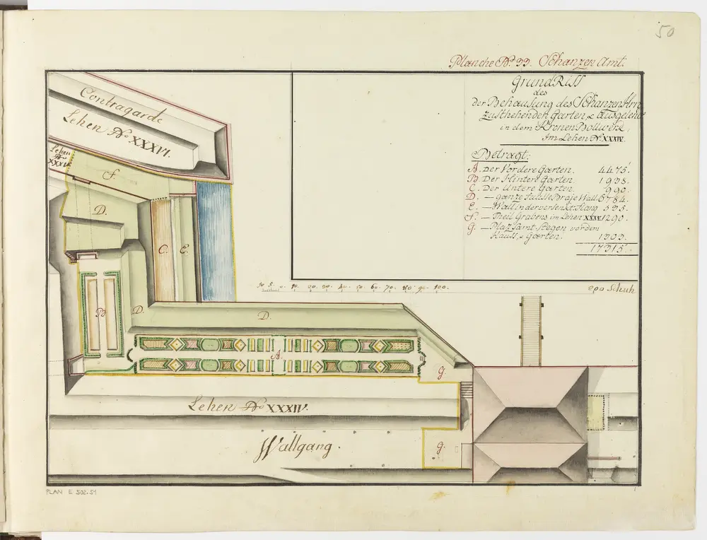 Zürich: Dem Spital Zürich gehörende Lehen in den Fortifikationswerken; Ansichten, Grundrisse und Schnitte: Haus und Garten des Schanzenlehens Nr. 34 Grosse Stadt, beim Kronen-Bollwerk; Grundriss