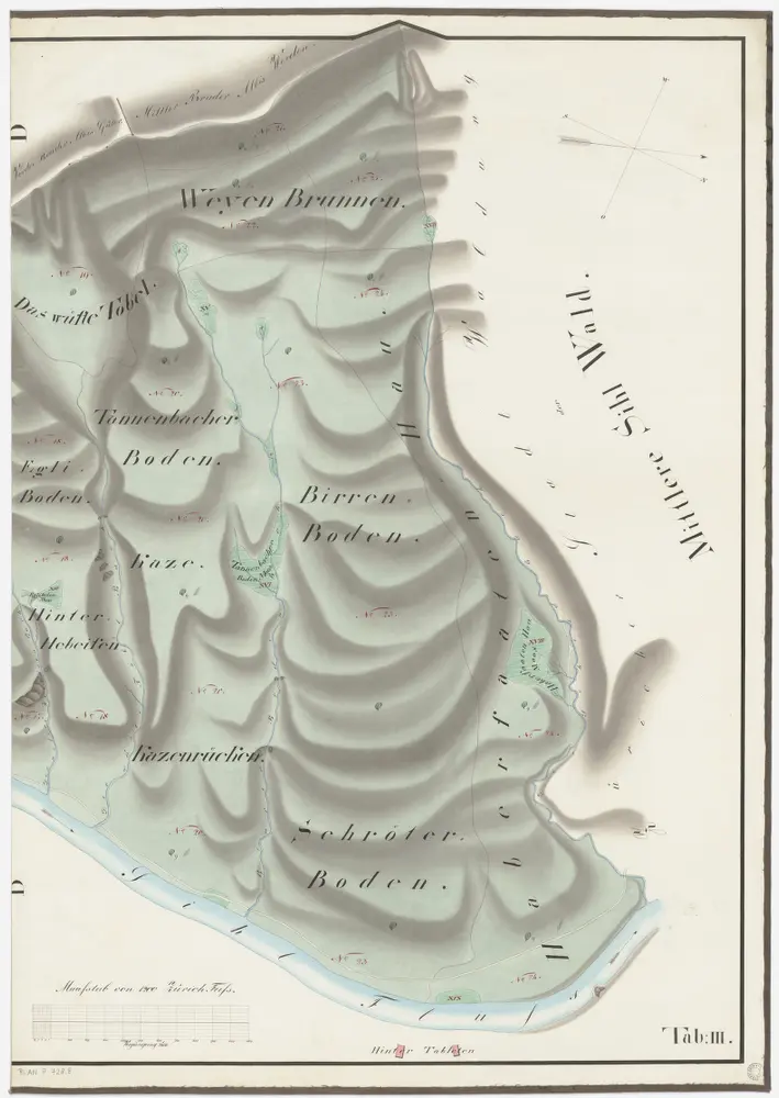 Horgen, Langnau am Albis, Thalwil, Hottingen, Zürich: Staatswaldungen, Genossenschaftswaldungen und Zürcher Stadtwaldungen: Horgen: Zürcher Stadtwaldung Oberer Sihlwald mit Wüesttobel (Das wüste Tobel), Weienbrunnen (Weyenbrunnen), Egliboden, Tannenbacherboden, Hebisen (Hinterhebeisen), Chatz (Kaze), Chatzenruggen (Kazenrücken), Biriboden (Birrenboden), Schrörterboden, Habersaatenhau; Grundriss (Tab. III)