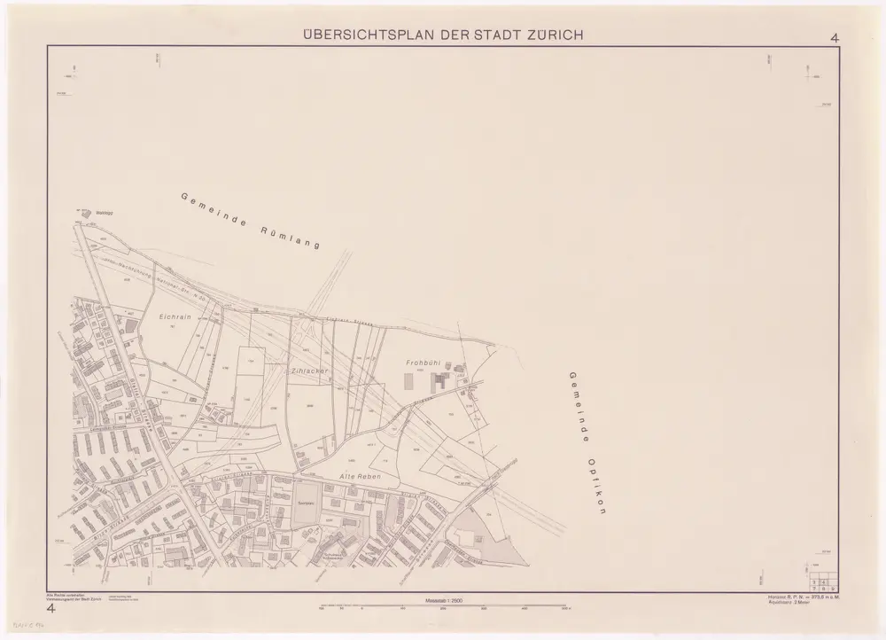 Übersichtsplan der Stadt Zürich in 57 Blättern, Blatt 4: Teil von Seebach bei der Grenze zu Rümlang und Opfikon