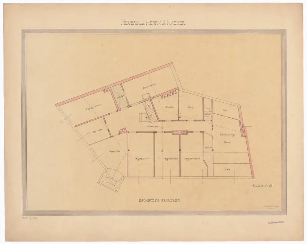 Neubau des J. Naeher, Obmannamtsgasse 21: Dachboden; Grundriss