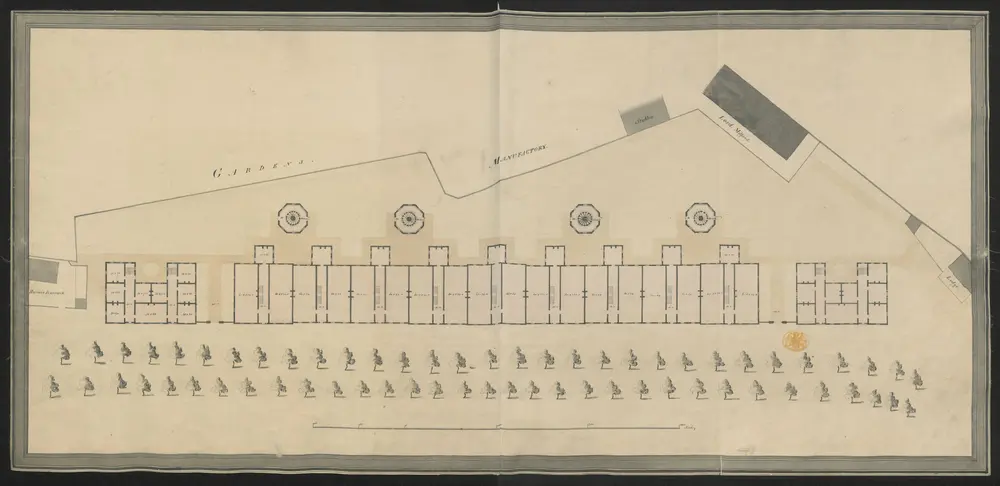 [Colored plan of a design for barracks to contain 2500 men and officers, proposed to be erected in the Birdcage Walk, St. James's Park, J. Johnson, architect; on a scale of 32 feet to an inch.].