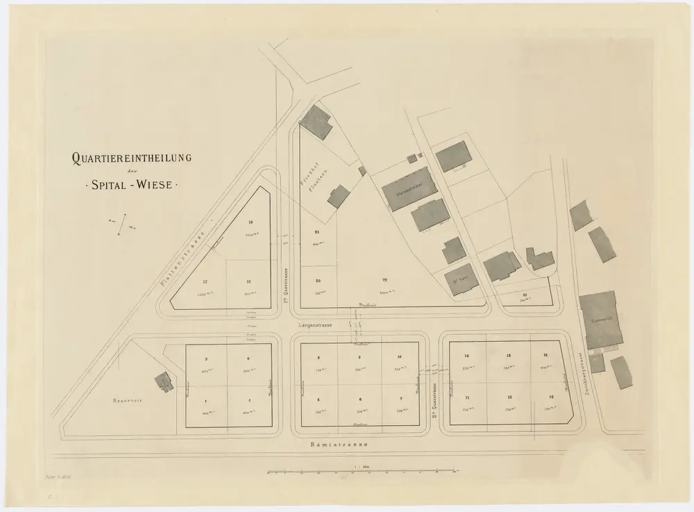 Fluntern: Kantonsspital, Quartier-Einteilung der Spitalwiese; Situationsplan