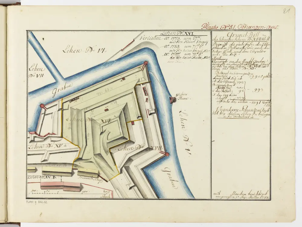 Zürich: Dem Spital Zürich gehörende Lehen in den Fortifikationswerken; Ansichten, Grundrisse und Schnitte: Schanzenlehen Nr. 17 a Kleine Stadt, zwischen Elefanten- und Katz-Bollwerk; Grundriss