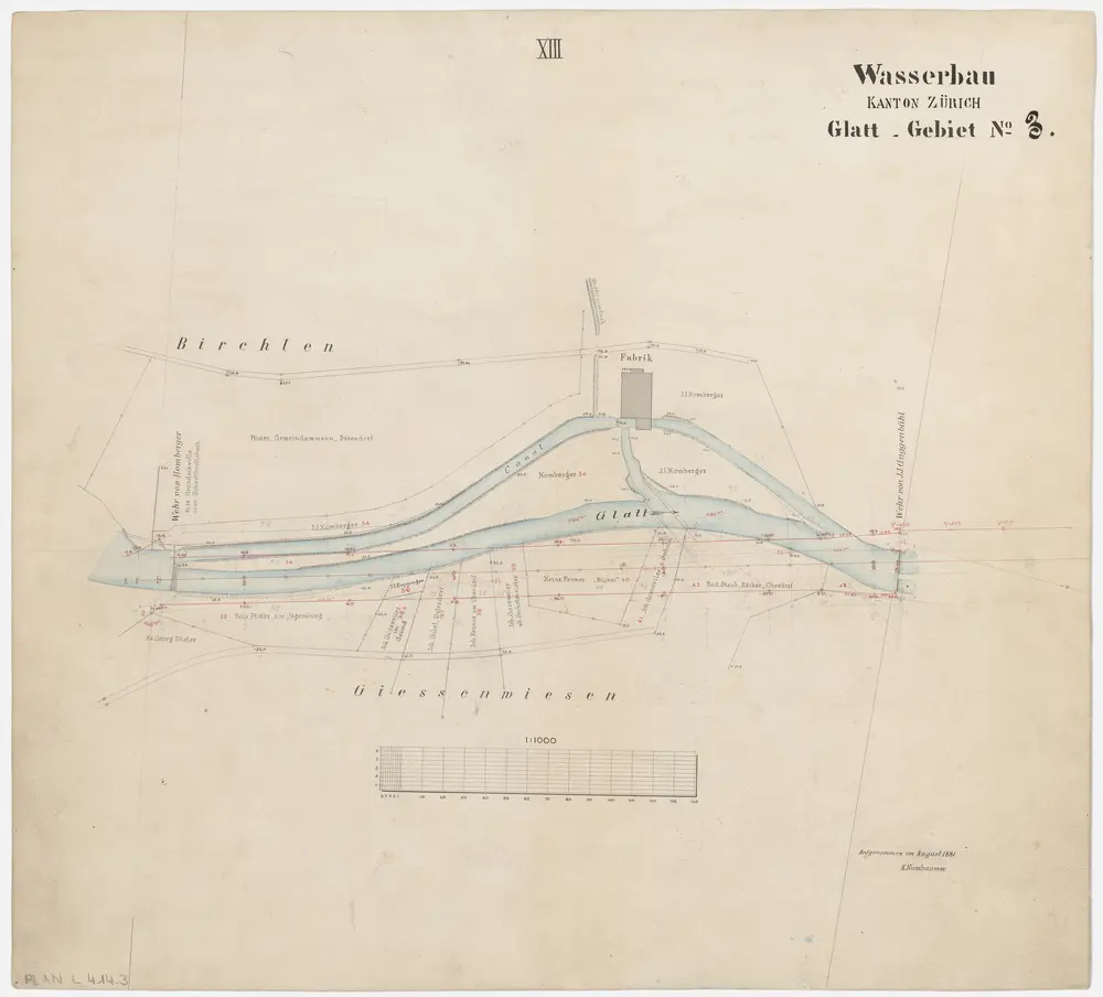 Fällanden bis Wallisellen: Greifensee bis zum Neugut in Wallisellen, projektierte Glattkorrektion; Grundrisse (Glatt-Gebiet Nr. 3): Blatt XIII: Glatt bei den Giessenwiesen; Grundriss (Glatt-Gebiet Nr. 3)