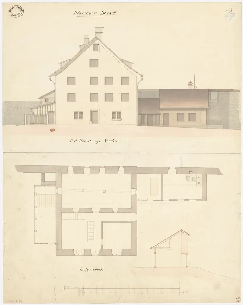 Bülach: Pfarrhaus; Nordansicht, Grundriss des Erdgeschosses und Querschnitt des Waschhauses (Nr. 5)