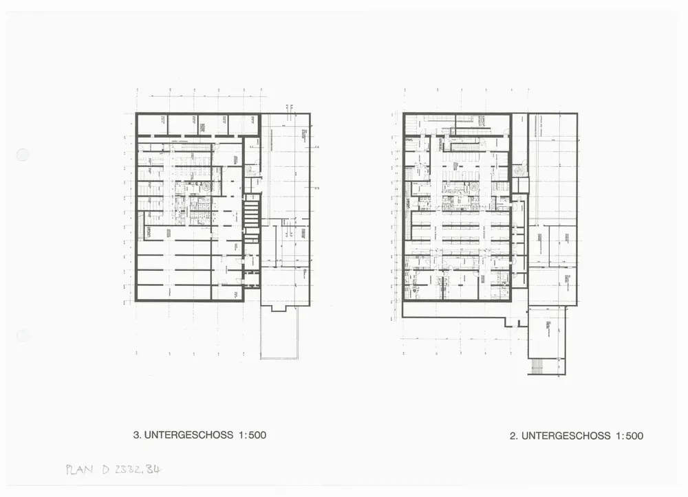 Kantonsschule Rämibühl: Ansichten, Grundrisse und Schnitte: Heizung-Luftschutz: 2. Untergeschoss; Grundriss