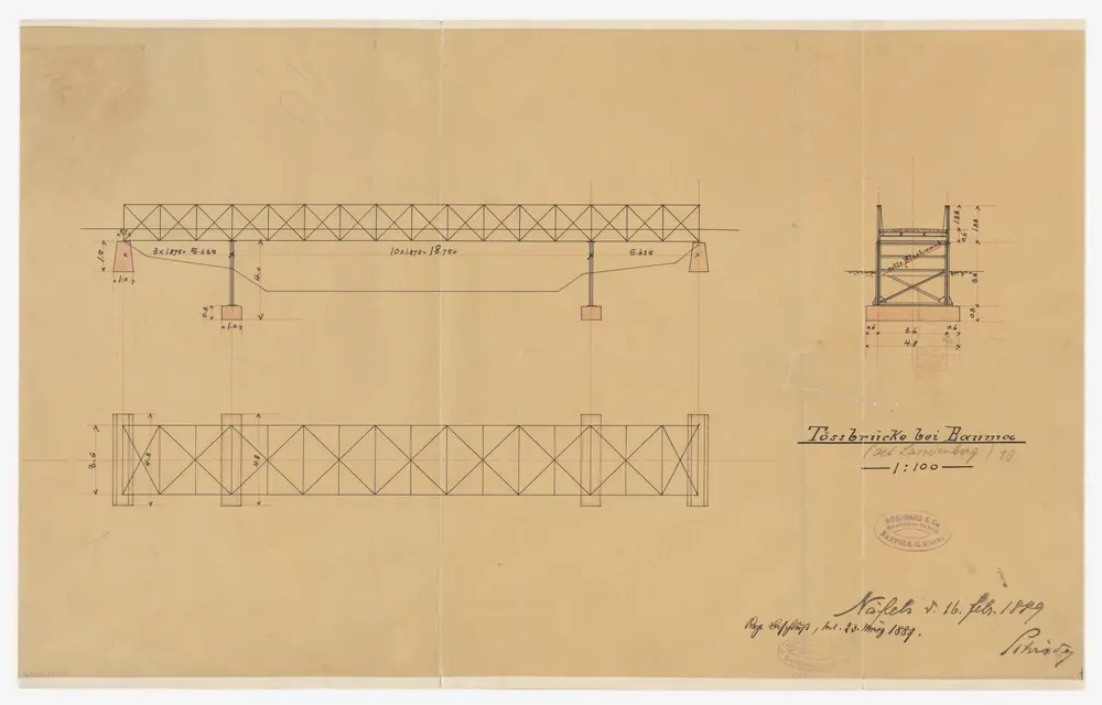 Bauma: Brücke über die Töss in Widen; Grundriss, Quer- und Längsschnitt