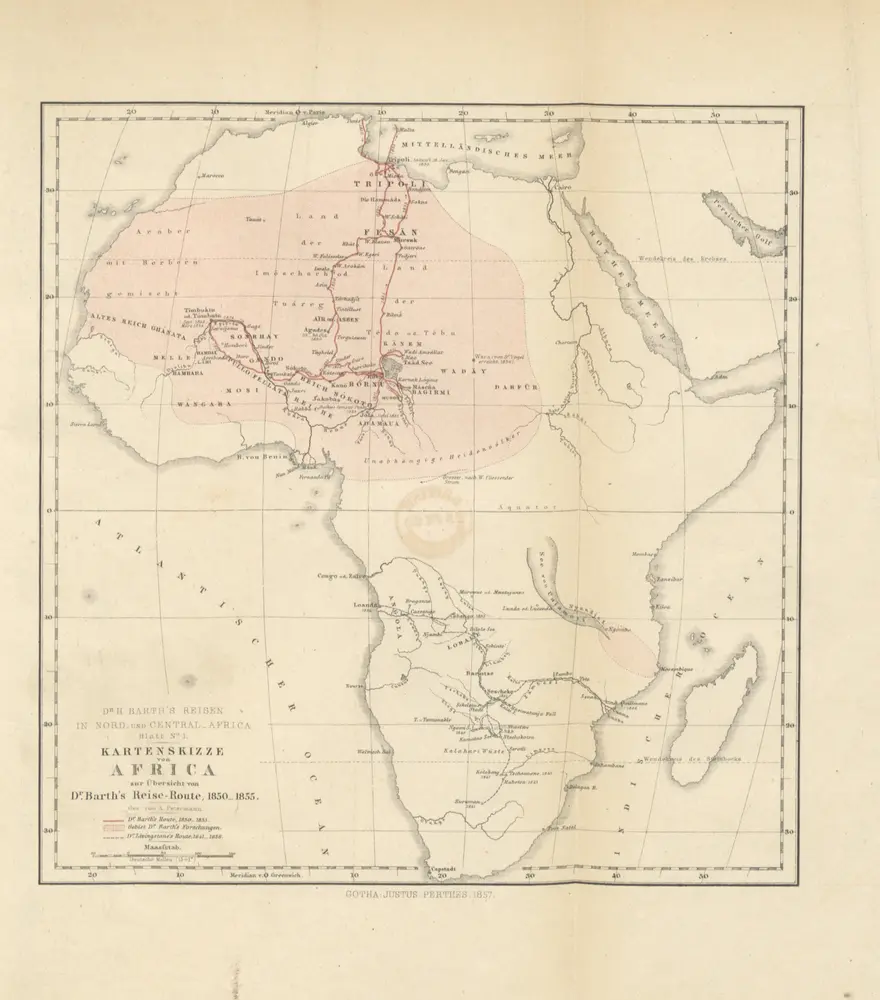 Reisen und Entdeckungen in Nord- und Central-Afrika in den Jahren 1849 bis 1855. Von Dr. H. Barth. Tagebuch seiner im Auftrag der Brittischen Regierung unternommenen Reise ... Mit Karten, Holzschnitten und Bildern. L.P