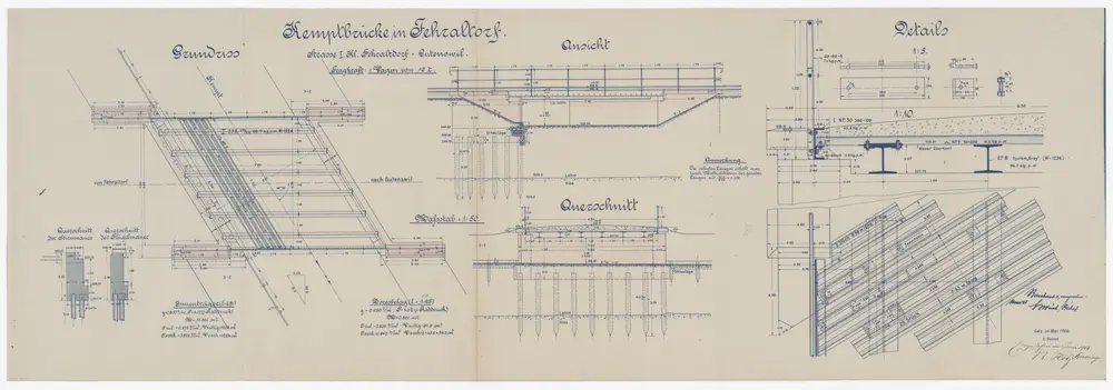 Fehraltorf: Projektierte eiserne Balkenbrücke über die Kempt; Seitenansicht, Grundriss und Querschnitte