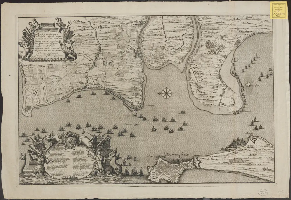 Plaan vande dissante of landing in Spangien voor Cadix met de campementen en marse door den Hertog van Ormont en den Generaal Majoor en Baron de Spar gedaan ceedert den 26 Augustus tot den 27. Septem[be]r anno 1702