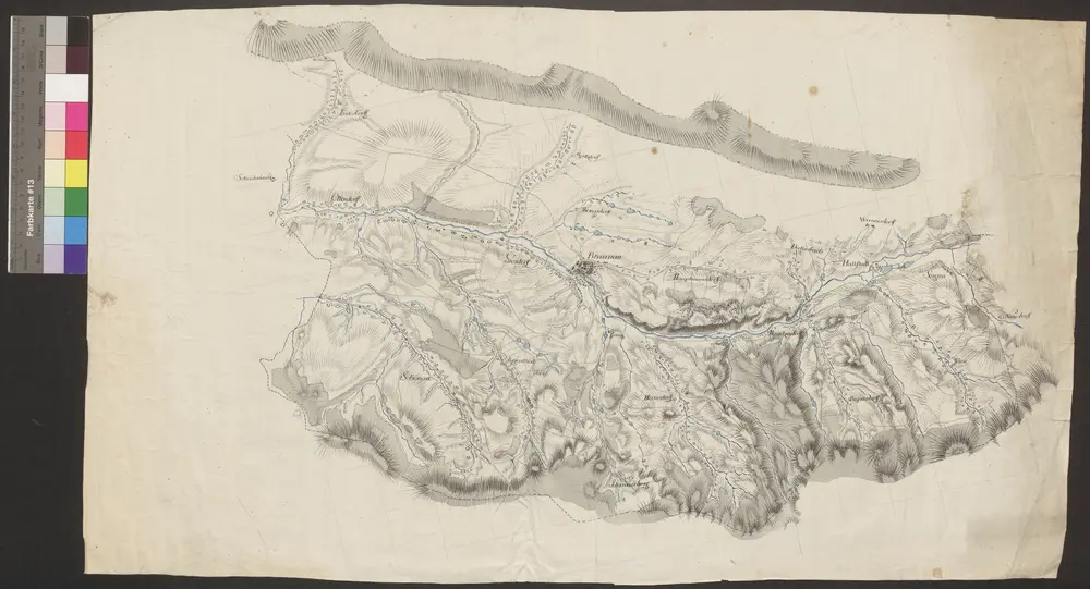 HZAN GA 100_Nr. 772_ : Braunau; [ohne Titel];ohne Verfasser;ohne Maßstab [3 cm = 1 km];78 x 45 cm;Kartenrand: Mertzdorf-Dietersbach-Wernersdorf; Sorgau-Neudorf-Wiese; Johannesberg-Ruppersdorf; Barsdorf-Scheidewinkel-Schönau;Papier; Federzeichnung mit Schraffen; Siedlungen im Grundriß; Gewässer in Wasserfarben.