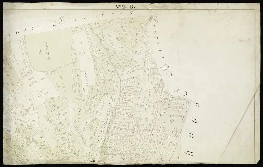 HZAN GA 100_Nr. 304_ : Niederstetten; "Markung der Stadt Haltenbergstetten";Geometer Schaible;ohne Maßstab [25 cm = 1 km]; Folio;Papier; Federzeichnung; Siedlung, Feld und Wald in Wasserfarben; Eintrag der Steinriegel; Grundstücke nummeriert und mit Meßgehalt; mehrere Einzelblätter in Mappe.