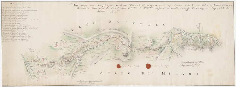 Strittige Grenze zwischen der Schweiz und dem Herzogtum Mailand bei Vacallo, Sagno, Morbio superiore, Caneggio, Bruzella, Schignano, Mezzena, Moltrasio, Rovena, Piazza und Masilianico; Grundriss