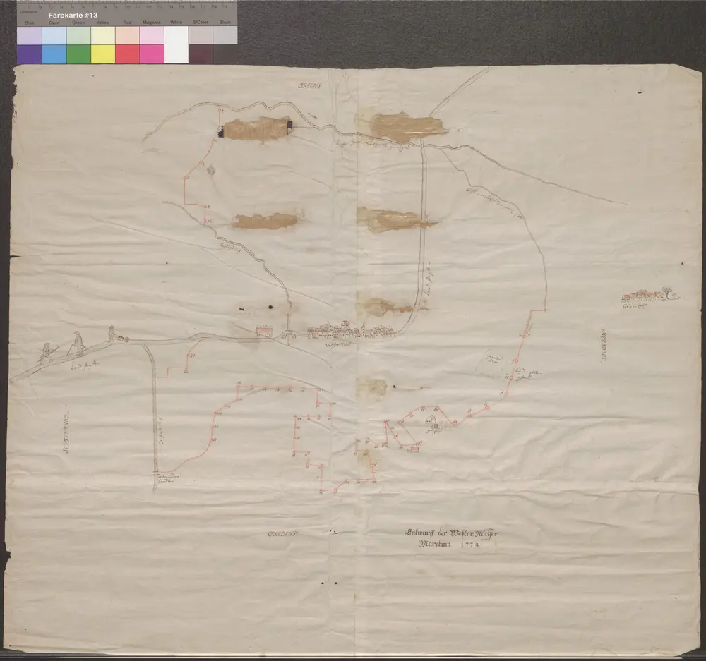 HZAN GA 100_Nr. 441_ : Westernach (Kr. Öhringen); "Entwurf der Westernacher Markung";ohne Verfasser; ohne Maßstab [10 cm = 1 km];64 x 54 cm; Norden links;dargestellte Orte: Westernach und Beltersrot;Papier; Federzeichnung; Grenze und Siedlung farbig; Grenzsteine nummeriert.