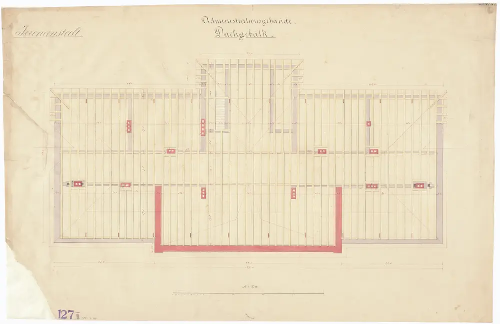 Irrenanstalt Burghölzli: Administrationsgebäude, Dachgebälk; Grundriss