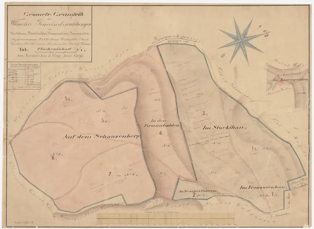 Weiach: Gemeindewaldung: Sanzeberg (Auf dem Schanzenberg), Brunnhalden (Brunhalden), Stocki (Stocki Hau), Saxegrabe (Saxengraben), Franzosenhau, Frankhalden, Tüchelfören (In Teuchel Fohren); Grundrisse (Tab. I)