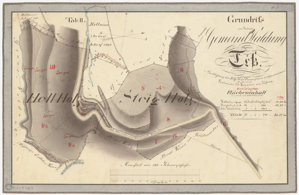 Töss: Gemeinde- und Genossenschaftswaldungen: Gemeindewaldungen Hellholz, Steigholz, Alte Heerstrasse von Zürich nach Winterthur (Zürichsteig oder Brüttenersteig); Grundriss (Tab. II)