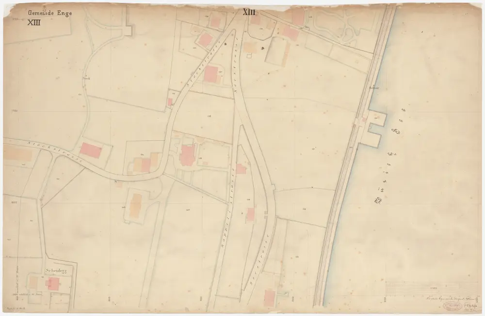 Enge: Gemeinde; Katasterpläne und Kataster-Ergänzungspläne: Blatt XIII: Gegend bei Stockstrasse, Kappelistrasse, Seestrasse und Zürichsee; Situationsplan