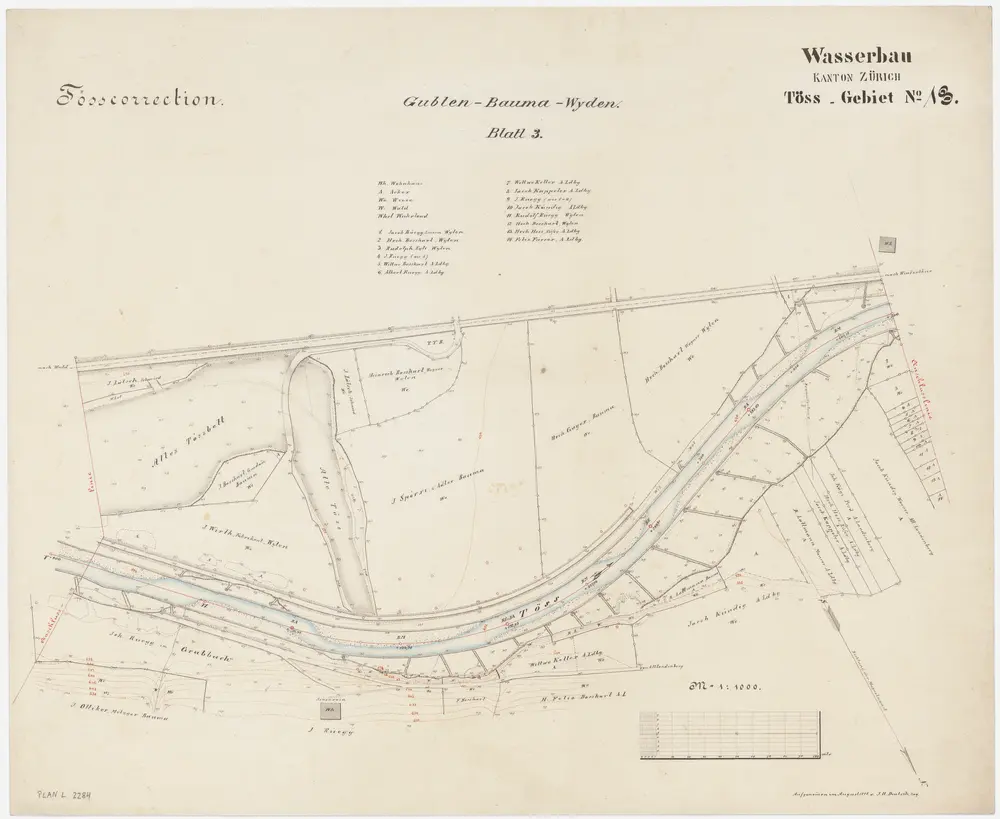 Bauma: Von unterhalb der Einmündung des Wissenbachs bis Wilen, Tösskorrektion; Situationsplan (Töss-Gebiet Nr. 13, Blatt 3)