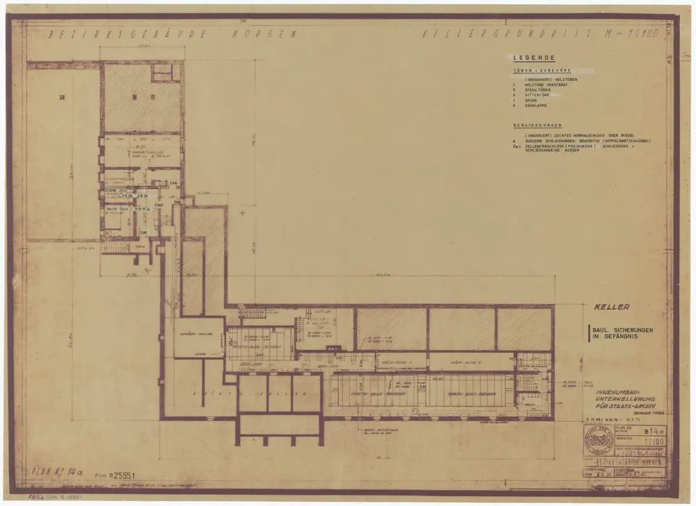 Horgen: Bezirksgebäude, bauliche Sicherungen im Gefängnis: Kellergeschoss mit Rollregalanlage des Staatsarchivs; Grundriss
