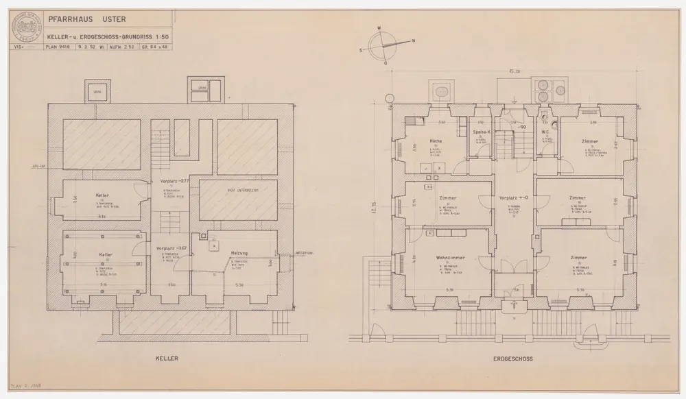 Uster: Pfarrhaus, Keller und Erdgeschoss; Grundrisse