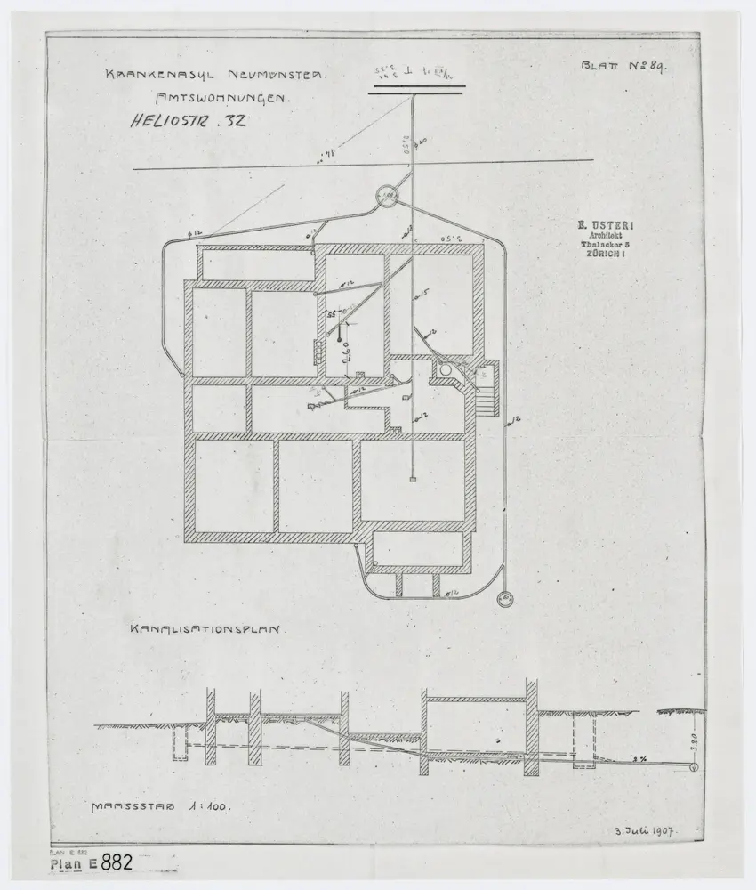 Zürich: Kantonsspital, Krankenasyl Neumünster, Heliosstrasse 32, Amtswohnungen, Kanalisation; Grundriss und Schnitt