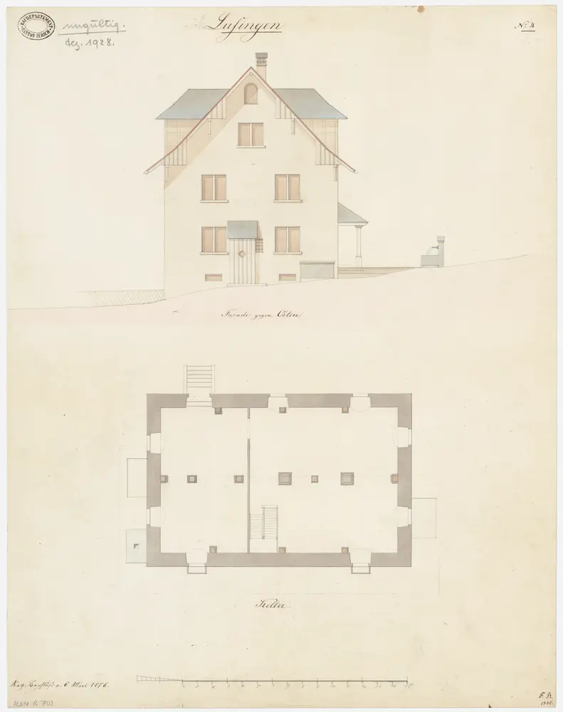 Lufingen: Pfarrhaus; Grundriss des Kellers und Ostansicht (Nr. 4)