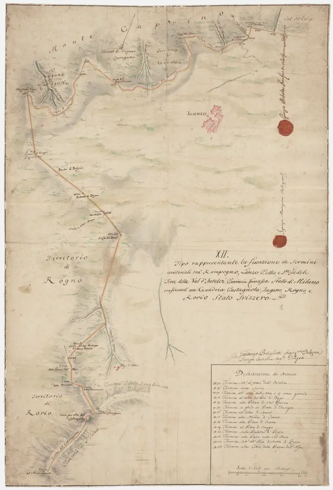 Strittige Grenze zwischen der Schweiz und dem Herzogtum Mailand bei Caprino, Gandria, Castagnola, Lugano, Rogno, Rovio, Rampogno, Lanzo und Sante Fedele; Grundriss