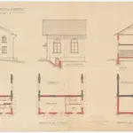 Küsnacht: Lehrerseminar; Projekt zum Turnhallenbau; Vorderansicht, Seitenansicht und Querschnitt des Gebäudes sowie Grundrisse des Erdgeschosses, des 1. Obergeschosses und der Unterkellerung