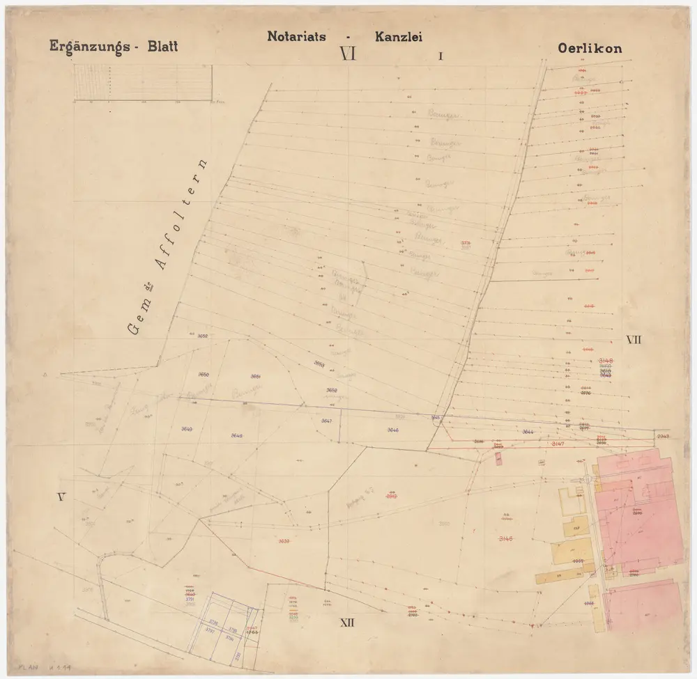 Oerlikon: Gemeinde; Kataster-Ergänzungspläne: Ergänzungsblatt VI: Einschlag, Stierenried, Langgänter, Oberwiesen und Bsetze; Situationsplan