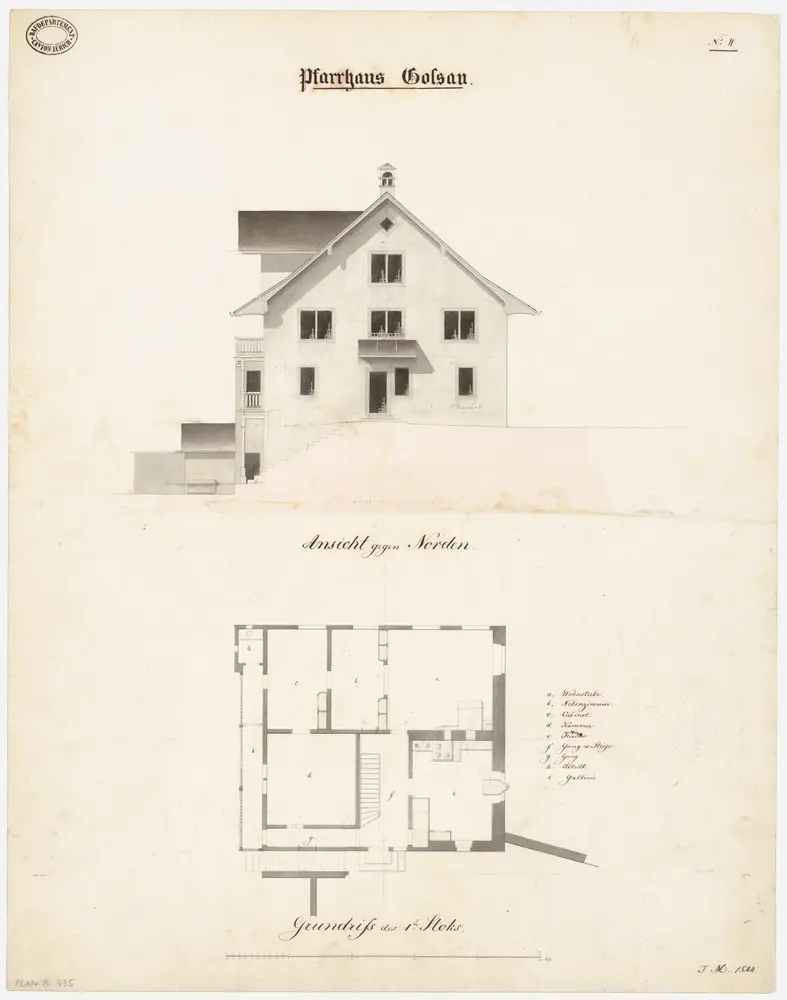 Gossau: Pfarrhaus; Nordansicht und Grundriss des 1. Stocks (Nr. 4)