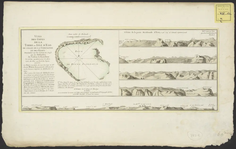 Vues des cotes de la terre ou Isle d'Eso, de celle de la Compagnie et des Etats dessinées sur les lieux in 1643 par les Hollandois du vaisseau le Kastrikum lors de leur expedition pour la découverte des païs du nord du Japon.