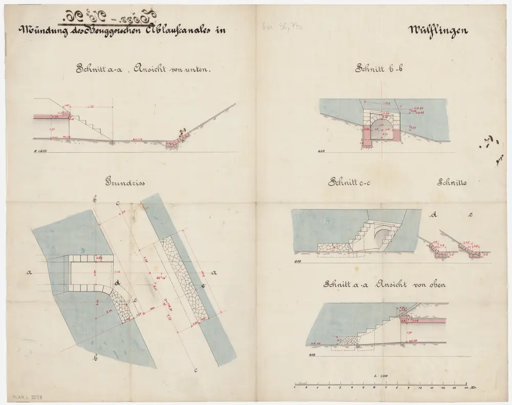 Wülflingen: Töss bei der Einmündung des Ablaufkanals der Firma Beugger; Grundriss und Schnitte (Töss-No. 96)