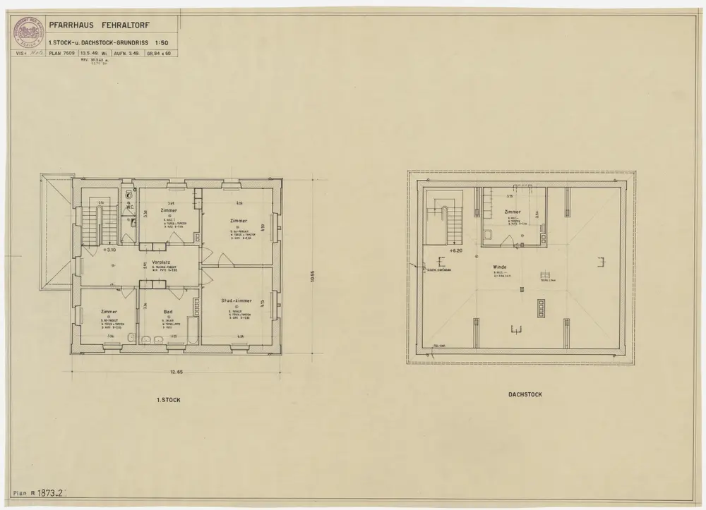 Fehraltorf: Pfarrhaus: 1. Stock und Dachgeschoss; Grundrisse