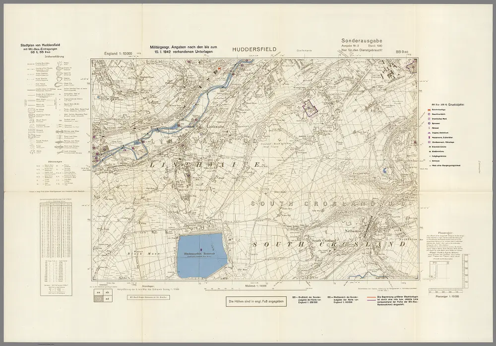 Street Map of Huddersfield, England with Military-Geographic Features.  BB 9ac.