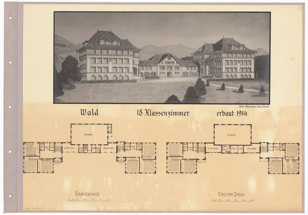 Schulhäuser des Kantons Zürich: Wald, Schulhaus; Grundrisse und Zeichnung des Gebäudes