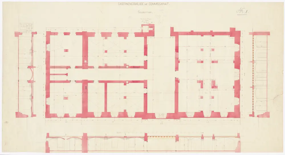 Projektierte Kaserne: Westlicher Flügel samt Komissariat, Untergeschoss; Ansichten und Grundriss