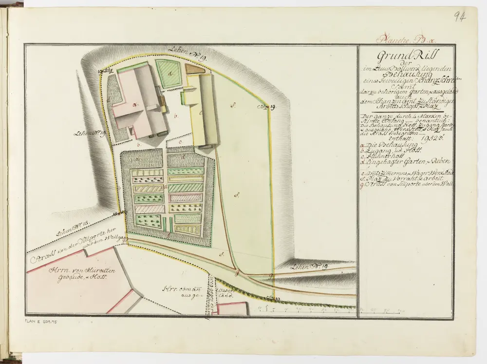 Zürich: Dem Spital Zürich gehörende Lehen in den Fortifikationswerken; Ansichten, Grundrisse und Schnitte: Häuser mit Garten, zum Lehen Nr. 19 Kleine Stadt gehörend, beim Leu-Bollwerk; Grundriss