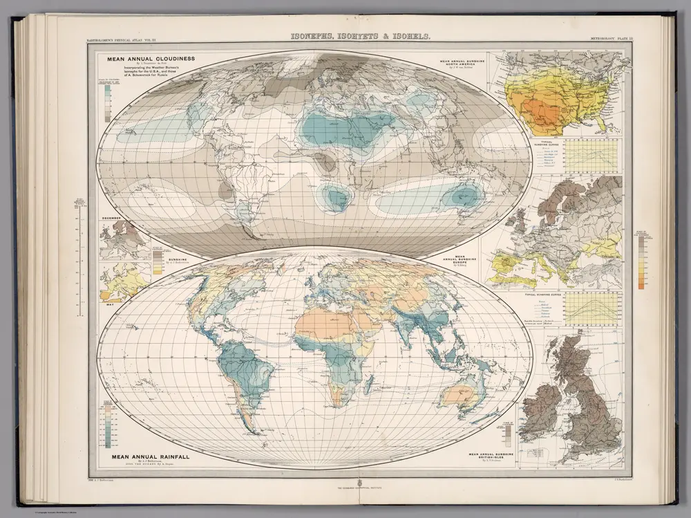 Plate 18.  Isonephs, Isohyets & Isohels.  Cloudiness.  Rainfall. (World).