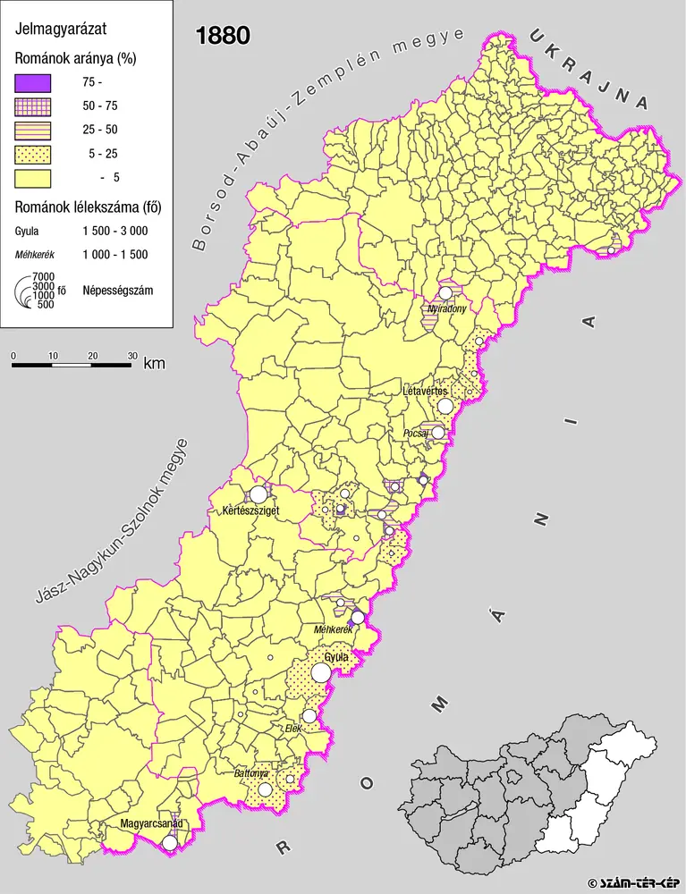 A rományok aránya és száma Kelet-Magyarországon 1880-ban
