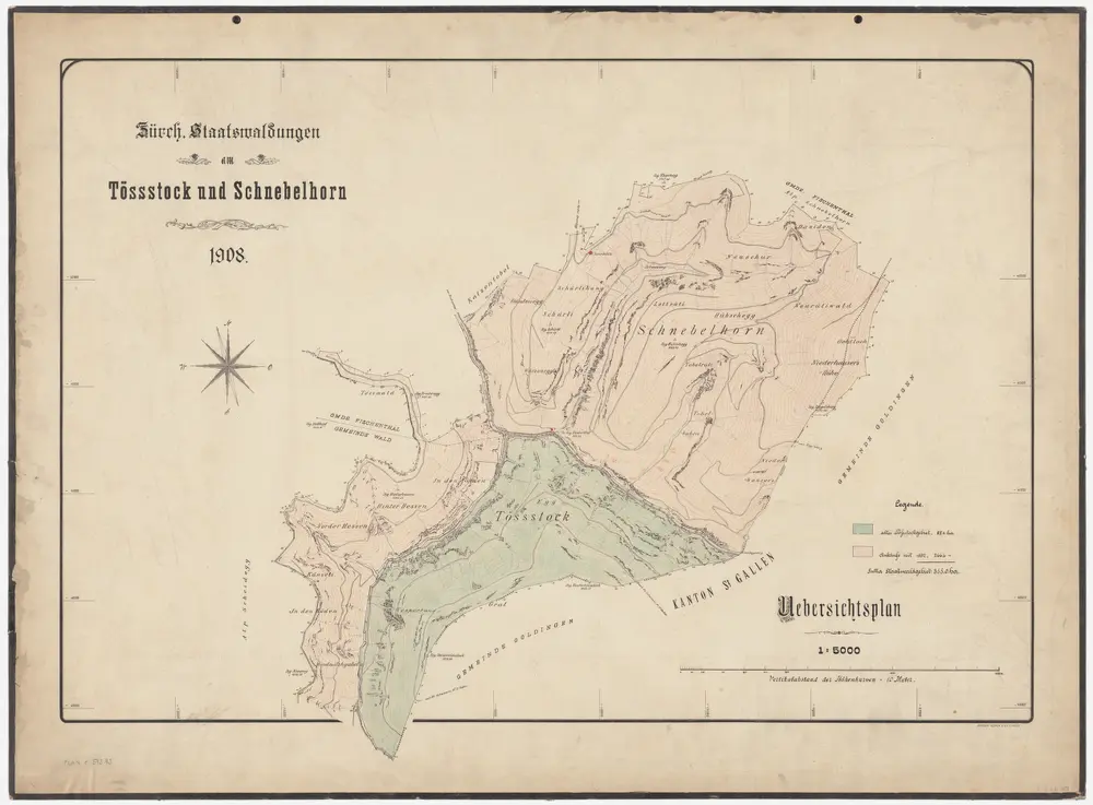 Wald, Fischenthal, Goldingen SG: Waldungen: Wald, Fischenthal: Staatswaldungen an Tössstock und Schnebelhorn im Jahr 1908; Übersichtsplan