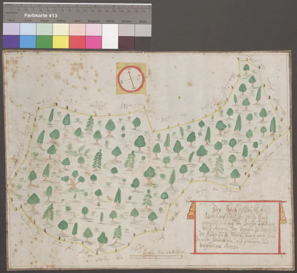 HZAN GA 100_Nr. 427_ : Weikersheim; "Waldhach genannt" [Waldkarte];Johann Martin Wenderlein;40 Ruten = 7,2 cm;39 x 30 cm; Norden oben;Papier; Wasserfarben; Angrenzer namentlich angegeben.